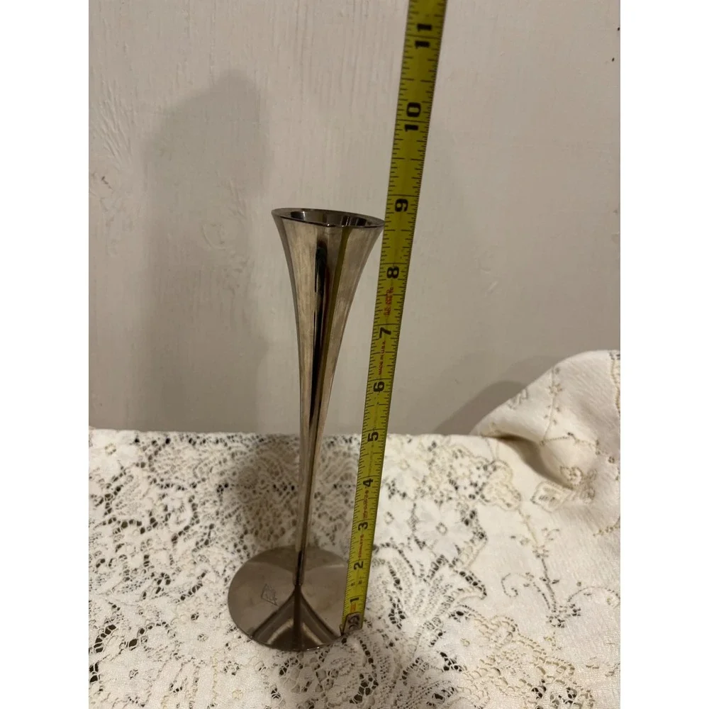 Vintage Silver Tone Trumpet Bud Vase Mid Century Modern Flared Metal 8.5 Inch